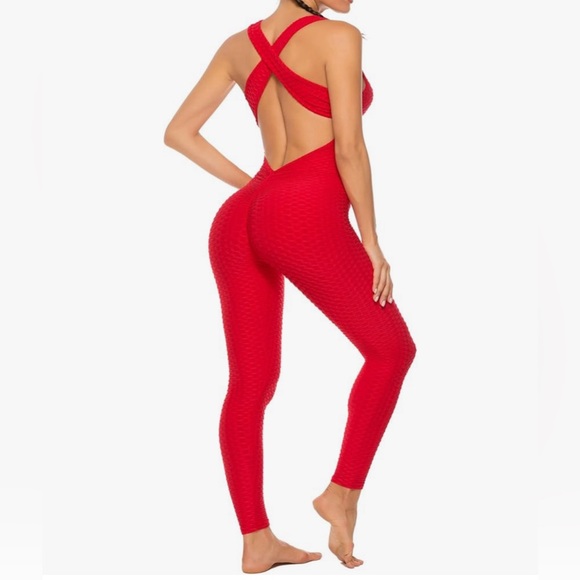 Other - Red Texture Bodysuit Sleevesless Sport OnePiece Backless Sexy Slimming Size:L